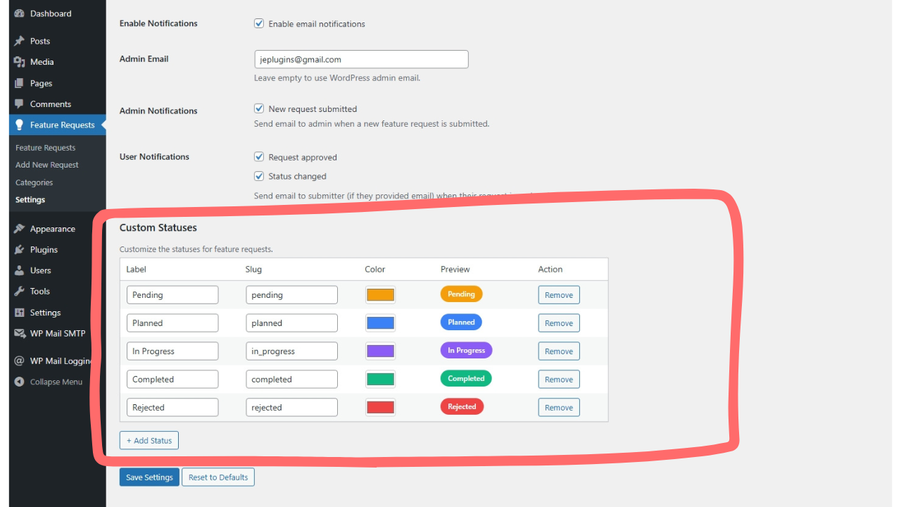 Custom Statuses Settings Page